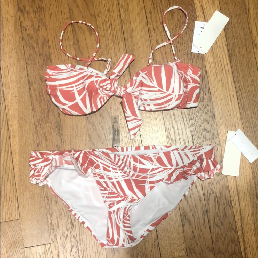 Pink coral palm pattern print swim suit